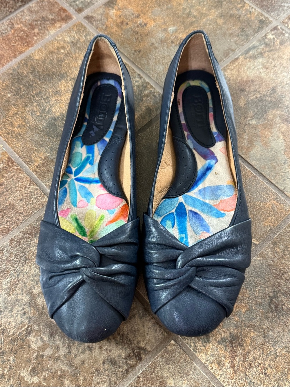 Born Lilly Navy Blue Leather Knot Front Comfort Ballet Flats Size 6.5M